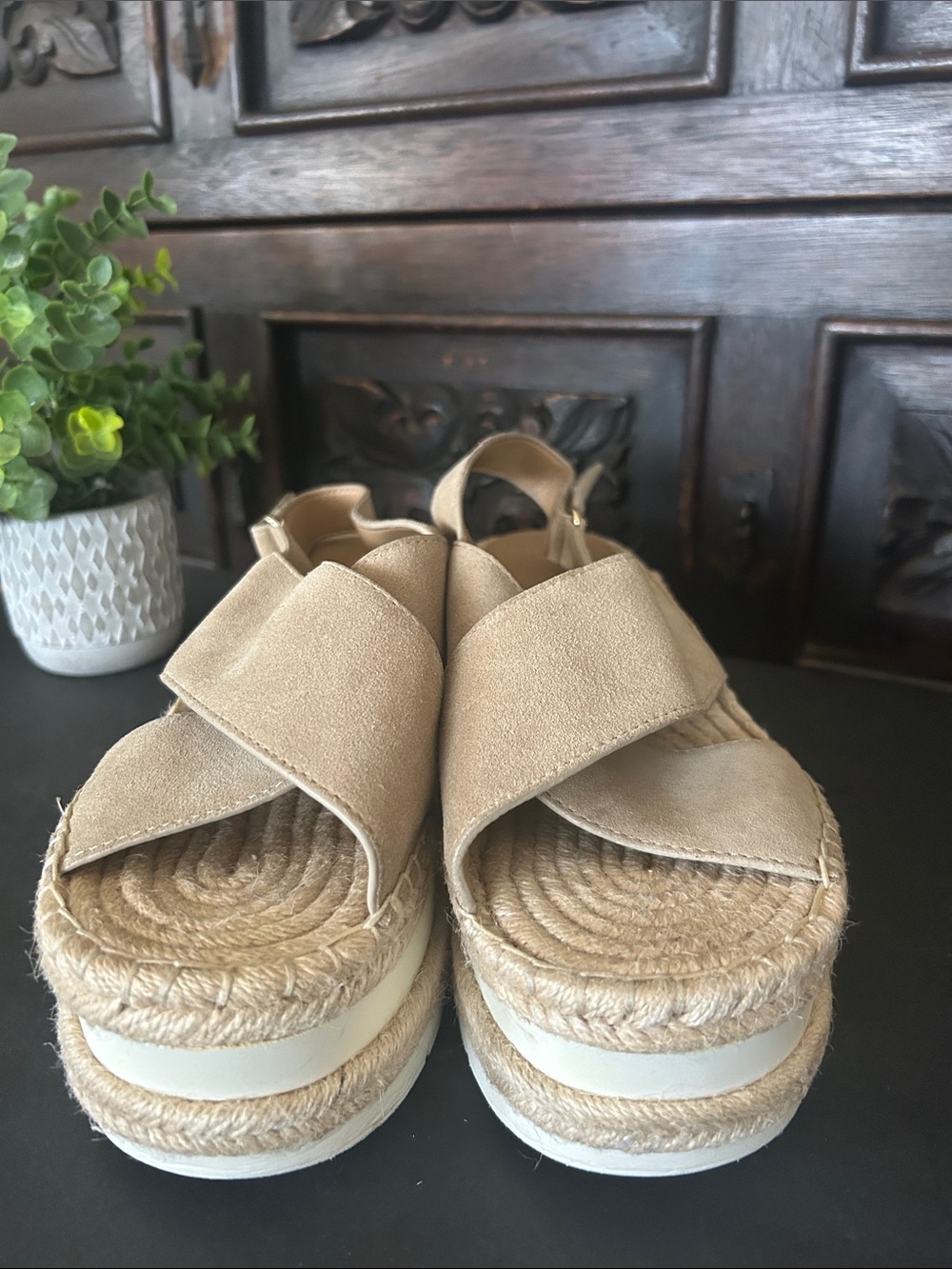 Marc Fisher Beige Suede Espadrille Platform Sandals - Picture 3 of 16